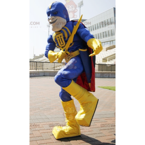 BIGGYMONKEY™ mascot costume of superhero in yellow and blue