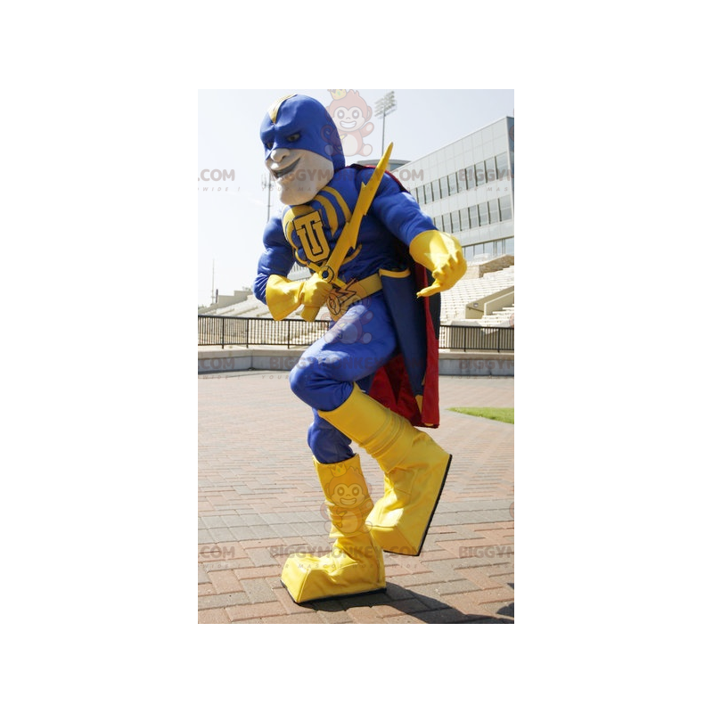 BIGGYMONKEY™ mascot costume of superhero in yellow and blue