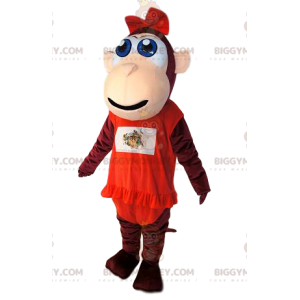 Brown monkey BIGGYMONKEY™ mascot costume, with a red ruffled