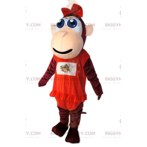 Καφέ μαϊμού στολή μασκότ BIGGYMONKEY™, με κόκκινο βολάν φόρεμα.