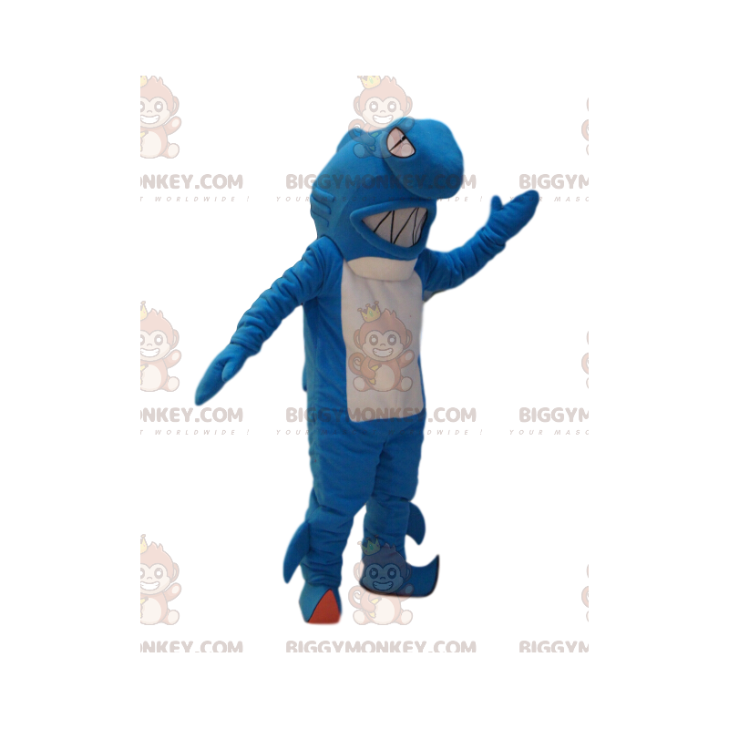 Erittäin aggressiivinen sinivalkohain BIGGYMONKEY™ maskottiasu. Erittäin aggressiivinen sinivalkohain BIGGYMONKEY™ maskottiasu.