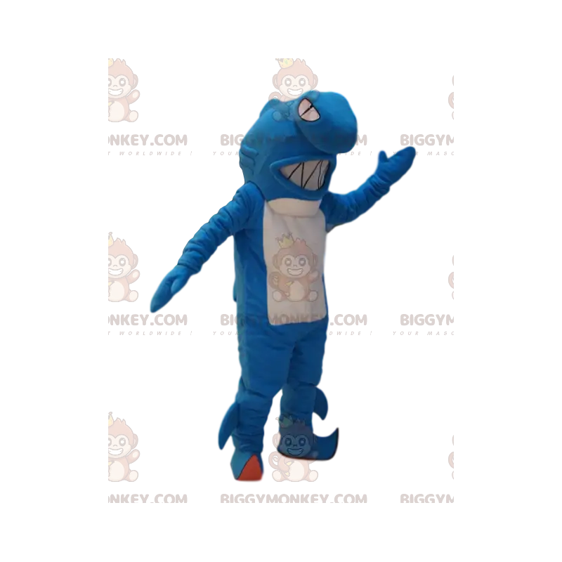 Sehr aggressives BIGGYMONKEY™-Maskottchenkostüm mit blauem und Sehr aggressives BIGGYMONKEY™-Maskottchenkostüm mit blauem und
