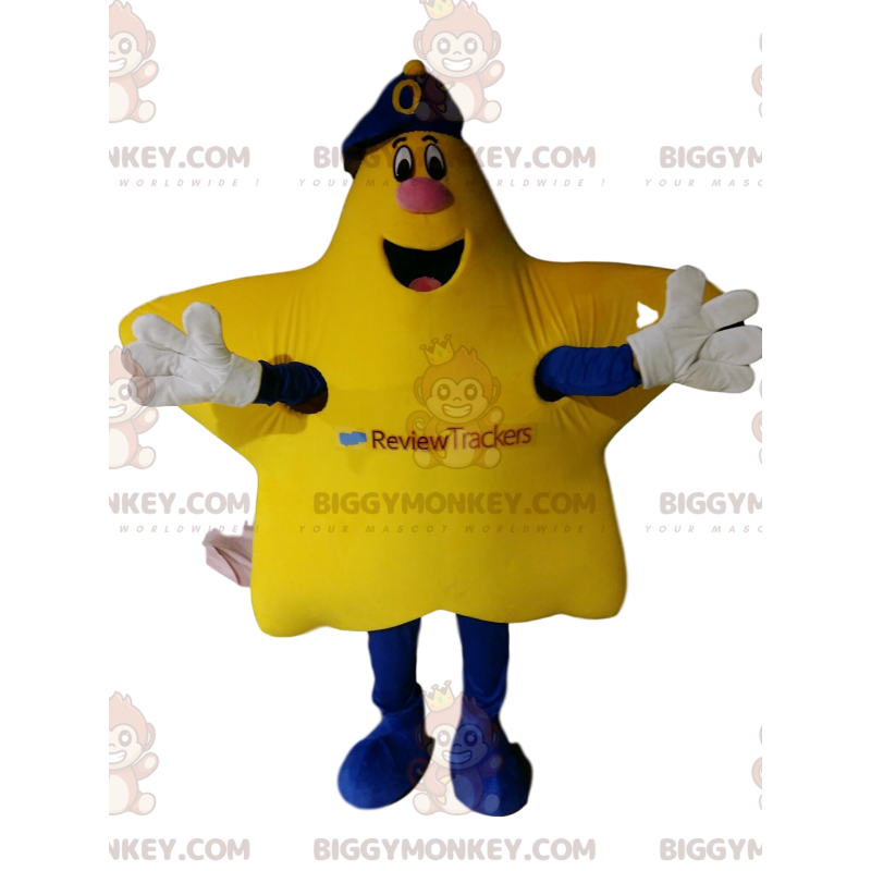 Very happy yellow star BIGGYMONKEY™ mascot costume with a blue