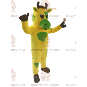 Costume de mascotte BIGGYMONKEY™ de vache jaune et verte.