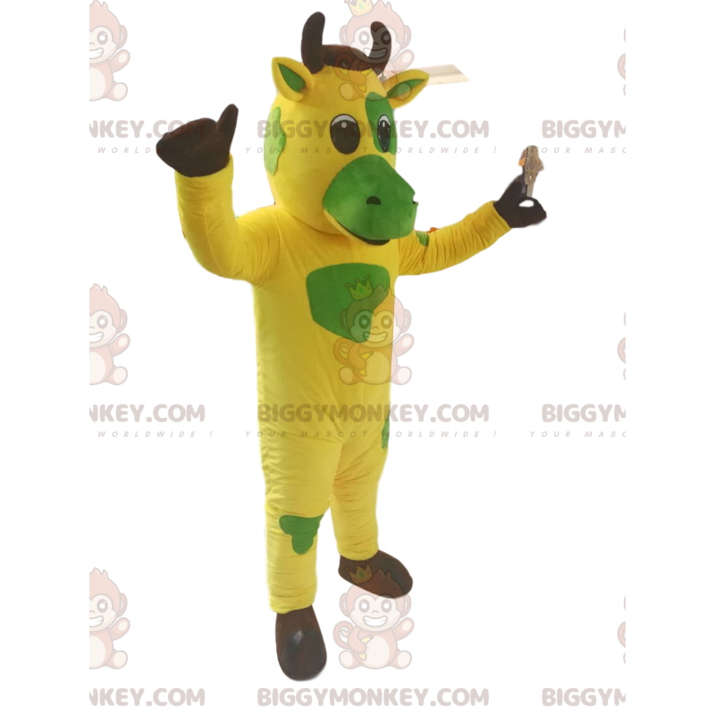 Traje de mascote de vaca amarela e verde BIGGYMONKEY™. fantasia Traje de mascote de vaca amarela e verde BIGGYMONKEY™. fantasia