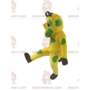 Keltainen ja vihreä lehmä BIGGYMONKEY™ maskottiasu. Keltainen