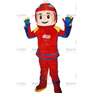 Biker BIGGYMONKEY™ mascottekostuum in rood en blauwe outfit.