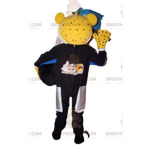 BIGGYMONKEY™ maskotdräkt av gul leopard i bikeroutfit.