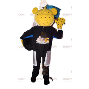 BIGGYMONKEY™-mascottekostuum van gele luipaard in motoroutfit.
