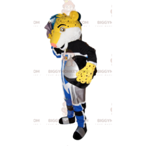 Traje de mascote BIGGYMONKEY™ de leopardo amarelo em traje de