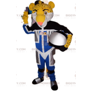 Traje de mascote BIGGYMONKEY™ de leopardo amarelo em traje de