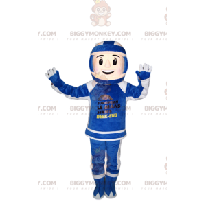 BIGGYMONKEY™ mascot costume of biker in blue and white outfit.