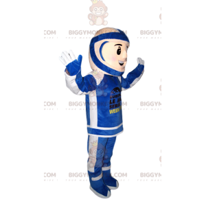 Kostým maskota BIGGYMONKEY™ motorkáře v modrobílém outfitu.