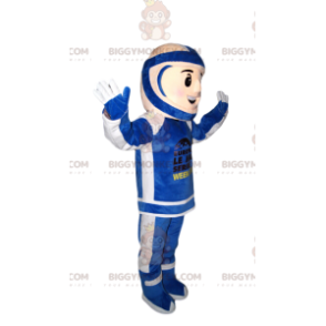 BIGGYMONKEY™ maskotkostyme til motorsykkel i blått og hvitt antrekk. syklist kostyme - Menneskelige maskoter - BiggyMonkey.com