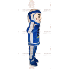 Costume de mascotte BIGGYMONKEY™ de motard en tenue bleue et
