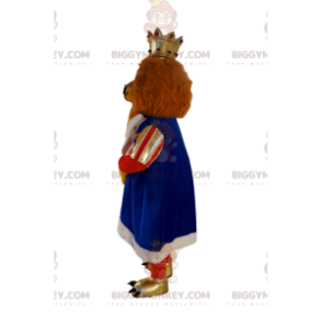 Στολή μασκότ BIGGYMONKEY™ με καφέ λιοντάρι με ένδυμα βασιλιά.