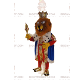 Στολή μασκότ BIGGYMONKEY™ με καφέ λιοντάρι με ένδυμα βασιλιά.