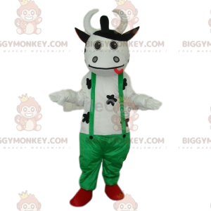 Vriendelijke witte koe BIGGYMONKEY™ mascottekostuum met groene
