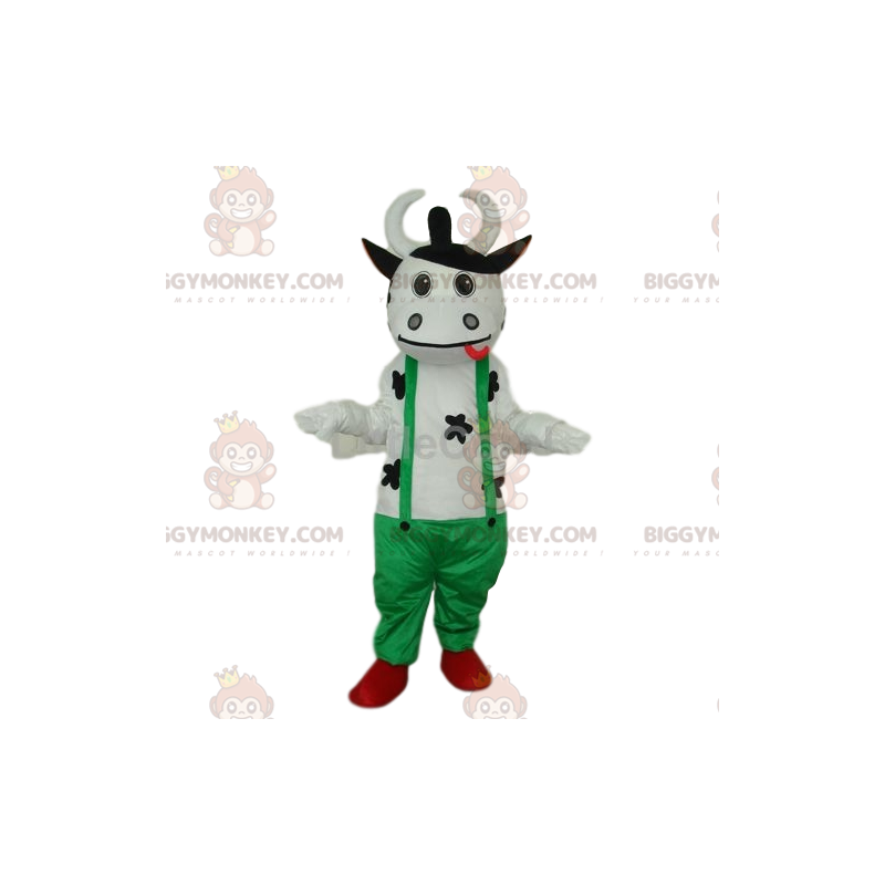  Vänlig vit ko BIGGYMONKEY™ maskotdräkt med grön overall - Ko-maskot - BIGGYMONKEY_012971 - BiggyMonkey.com
