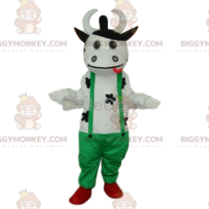 Vennlig hvit ku BIGGYMONKEY™ maskotkostyme med grønne kjeledresser - Kumaskot - BIGGYMONKEY_012971 - BiggyMonkey.com