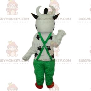 Vennlig hvit ku BIGGYMONKEY™ maskotkostyme med grønne kjeledresser - Kumaskot - BIGGYMONKEY_012971 - BiggyMonkey.com