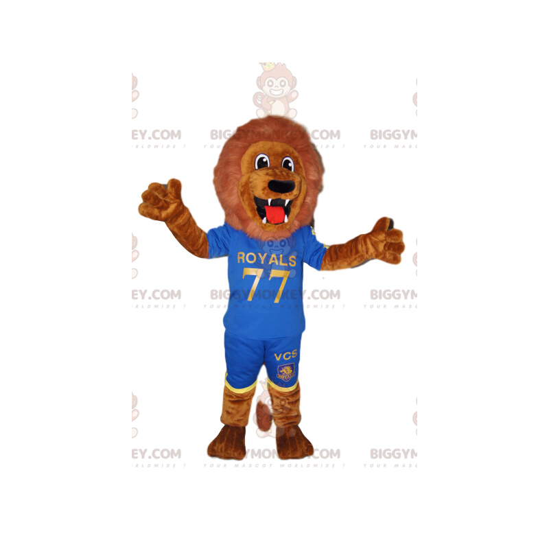 BIGGYMONKEY™ maskottiasu Ilmeinen ruskea leijona sinisessä BIGGYMONKEY™ maskottiasu Ilmeinen ruskea leijona sinisessä