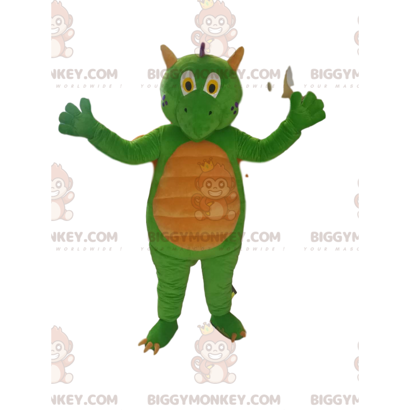 Disfraz de mascota dragón verde y amarillo BIGGYMONKEY™. traje Disfraz de mascota dragón verde y amarillo BIGGYMONKEY™. traje