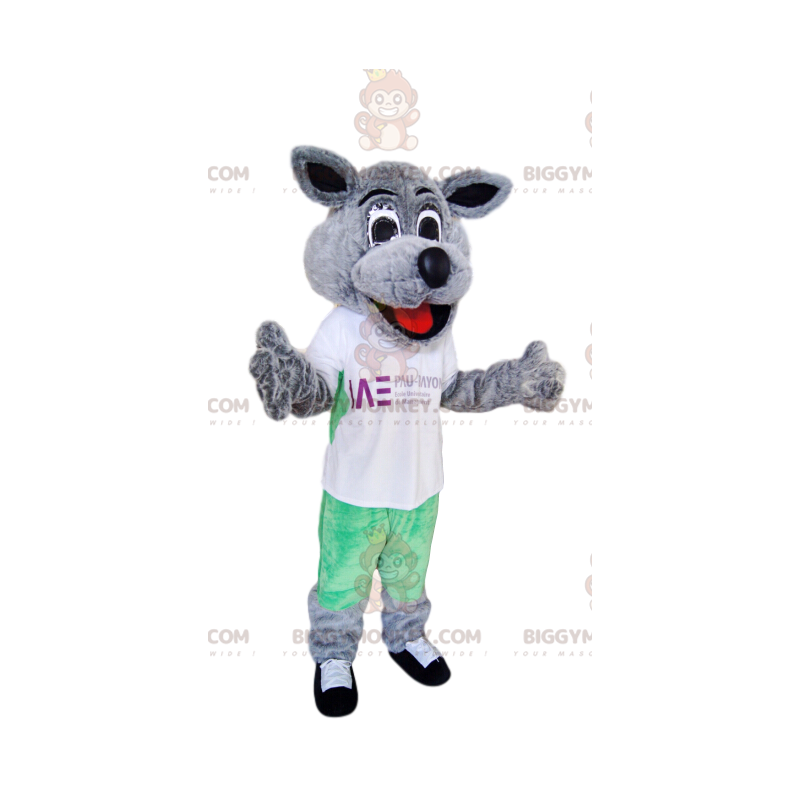 Super lachende grijze hond BIGGYMONKEY™ mascottekostuum met wit Super lachende grijze hond BIGGYMONKEY™ mascottekostuum met wit