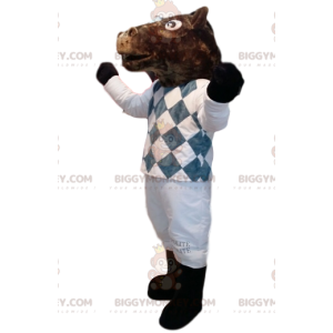 BIGGYMONKEY™ Maskottchenkostüm Braunes Pferd im weiß-blauen
