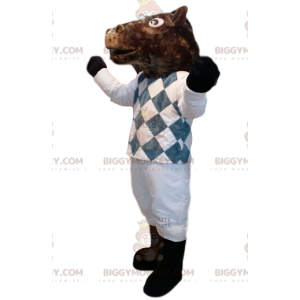 Kostým maskota BIGGYMONKEY™ Hnědý kůň v bílo-modrém žokejském