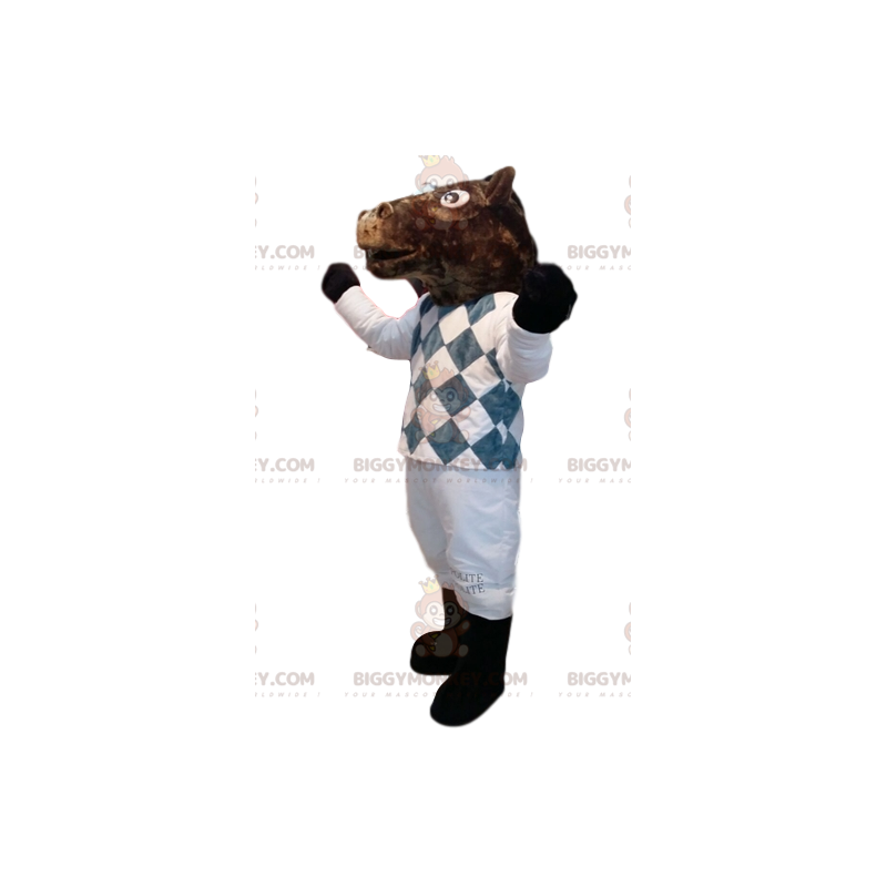 BIGGYMONKEY™ maskottiasu Ruskea hevonen valkoisessa ja BIGGYMONKEY™ maskottiasu Ruskea hevonen valkoisessa ja