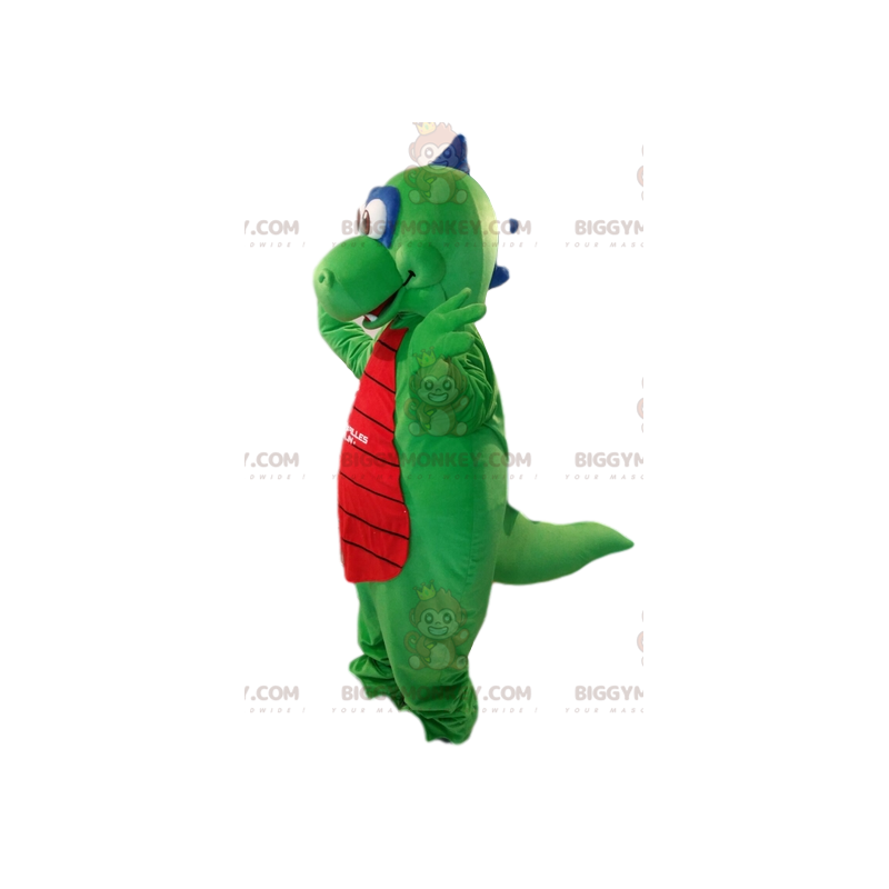 Velmi usměvavý kostým maskota zeleného a červeného draka