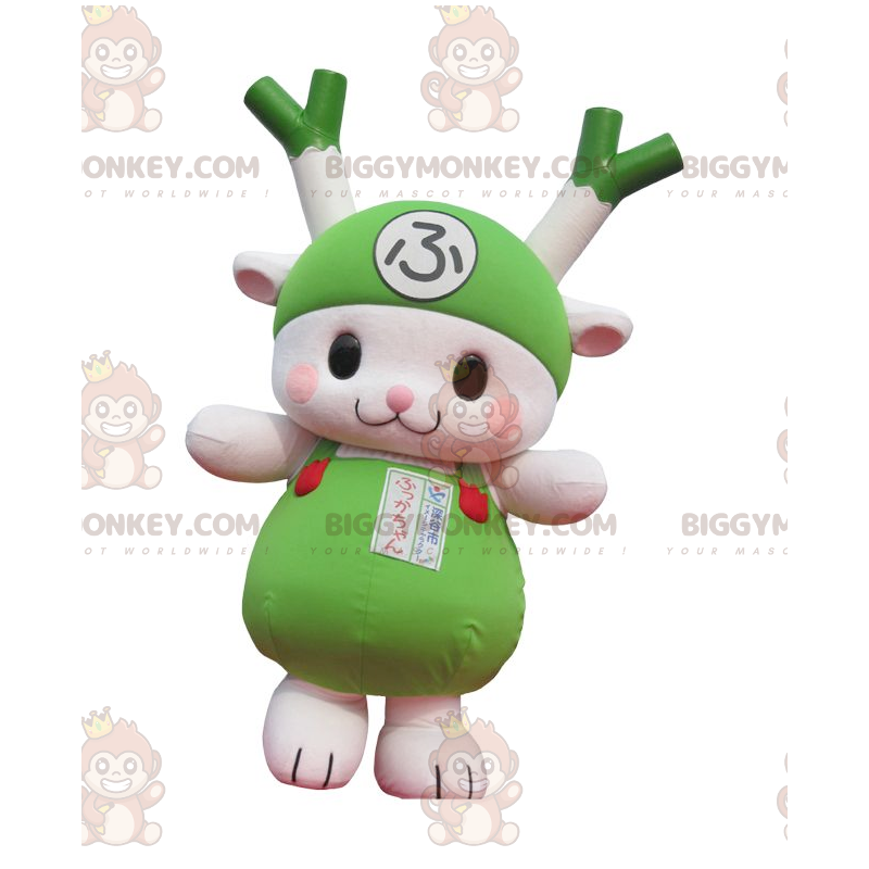 BIGGYMONKEY™ Disfraz de mascota verde puerro y conejo blanco BIGGYMONKEY™ Disfraz de mascota verde puerro y conejo blanco