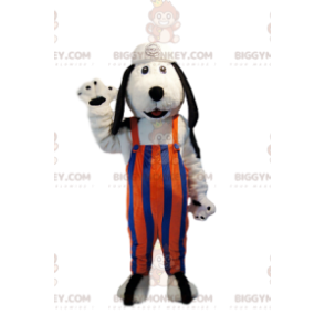  BIGGYMONKEY™ costume da mascotte di cane bianco con tuta a righe arancioni e blu. - Mascotte di cani - BiggyMonkey.com