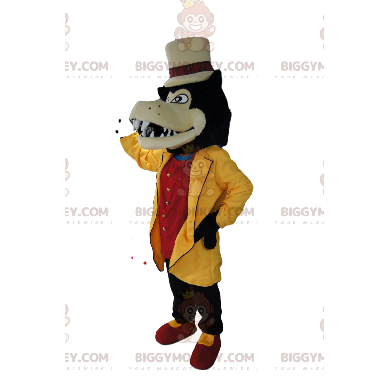 Dandy wolf BIGGYMONKEY™ mascot costume with yellow jacket and