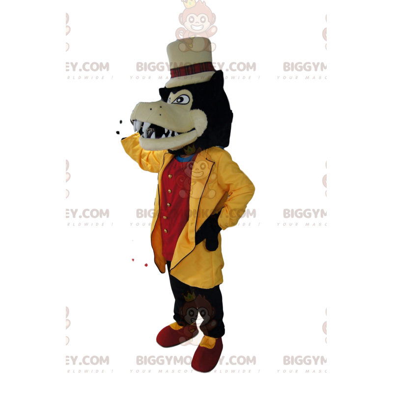 Kostium maskotki dandysowego wilka BIGGYMONKEY™ z żółtą kurtką Kostium maskotki dandysowego wilka BIGGYMONKEY™ z żółtą kurtką