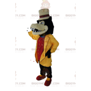 Dandy wolf BIGGYMONKEY™ mascottekostuum met gele jas en bruine