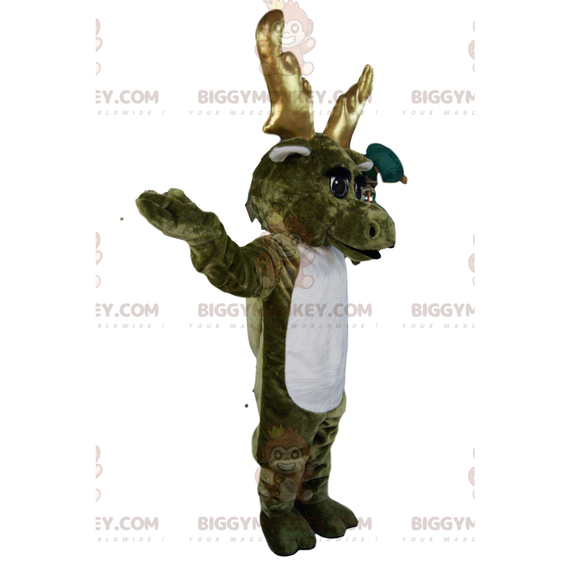 BIGGYMONKEY™ maskotkostume af khaki rensdyr med gyldne gevirer. BIGGYMONKEY™ maskotkostume af khaki rensdyr med gyldne gevirer.