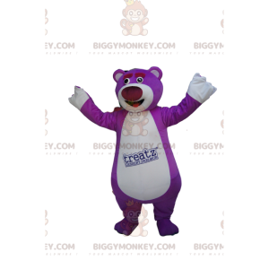 Traje de mascote BIGGYMONKEY™ do urso roxo super alegre.