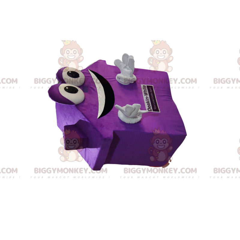Zeer glimlachend paars huis BIGGYMONKEY™ mascottekostuum. Zeer glimlachend paars huis BIGGYMONKEY™ mascottekostuum.