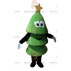 Costume de mascotte BIGGYMONKEY™ de petit sapin vert souriant.