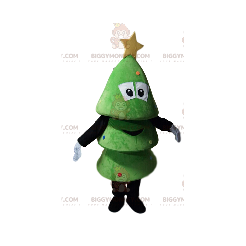 Costume de mascotte BIGGYMONKEY™ de petit sapin vert souriant.