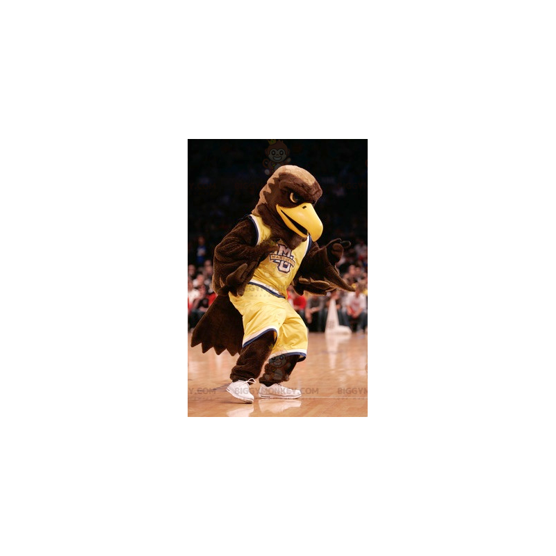 Brown Eagle BIGGYMONKEY™ Mascot Costume Dressed In Yellow