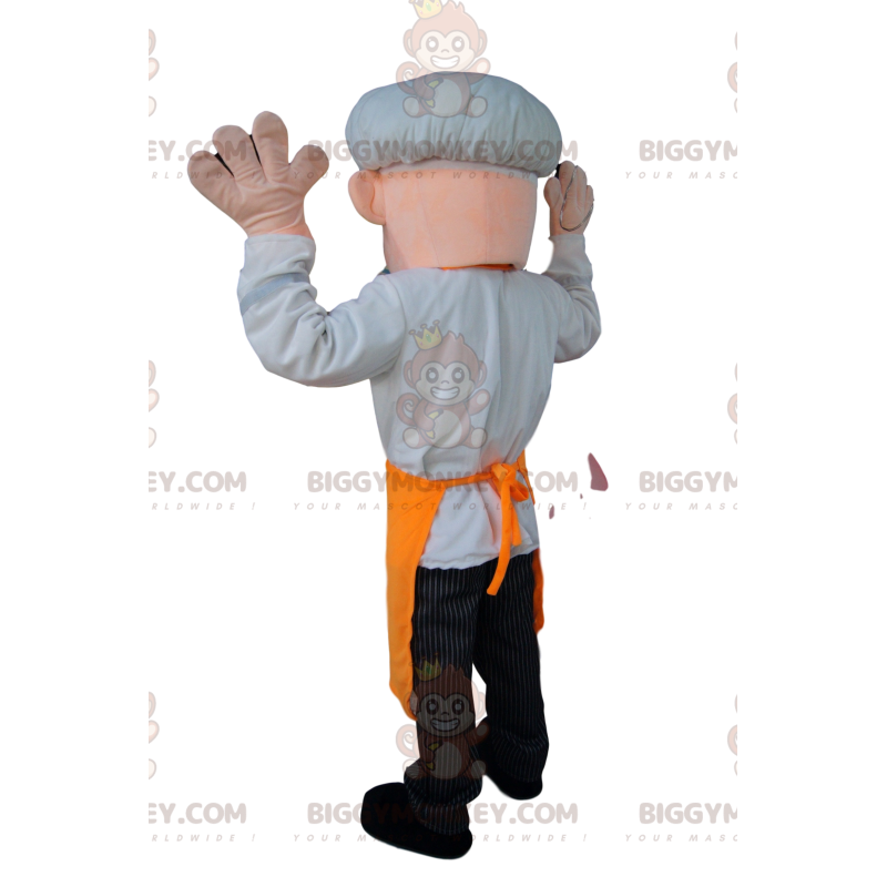 Kocken BIGGYMONKEY™ maskotdräkt med vit hatt och orange Kocken BIGGYMONKEY™ maskotdräkt med vit hatt och orange