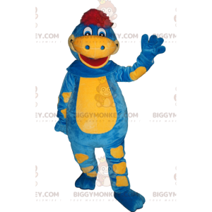 BIGGYMONKEY™ maskotkostume Blå og gul dinosaur med rød pust -