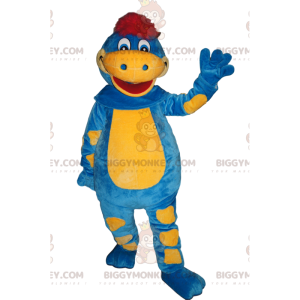 Traje de mascote BIGGYMONKEY™ Dinossauro Azul e Amarelo com