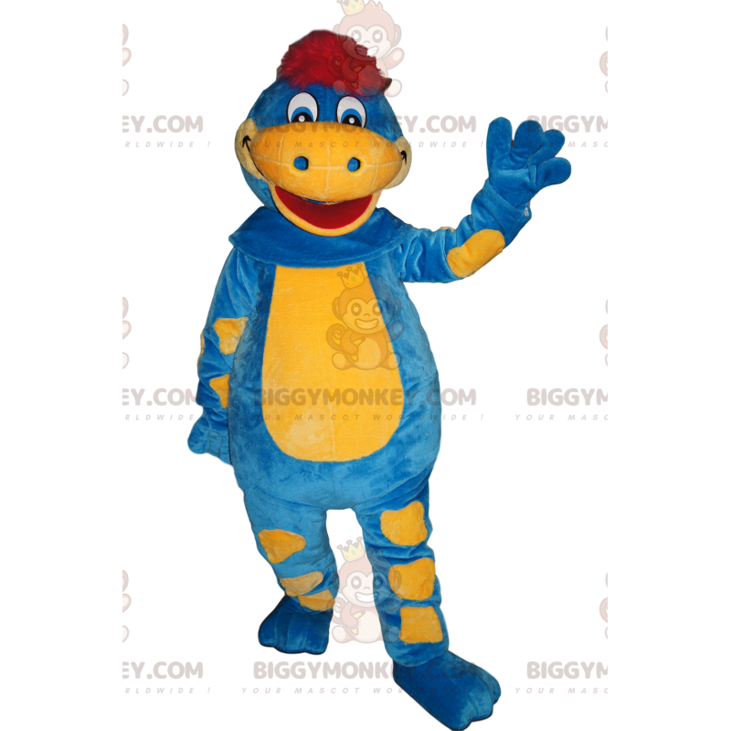 BIGGYMONKEY™ Mascot Costume Blue and Yellow Dinosaur with Red