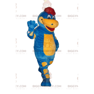 BIGGYMONKEY™ Mascot Costume Blue and Yellow Dinosaur with Red