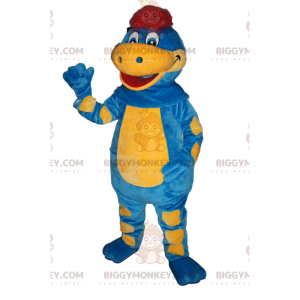 BIGGYMONKEY™ Mascot Costume Blue and Yellow Dinosaur with Red