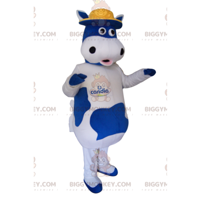 Costume da mascotte BIGGYMONKEY™ da mucca blu e bianca con Costume da mascotte BIGGYMONKEY™ da mucca blu e bianca con